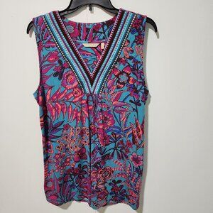 Soft Surroundings Floral Blue Purple Pink Sleeveless V-neck top shirt Large